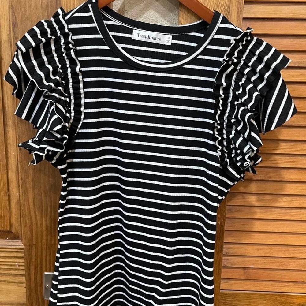 Black white striped ruffle top